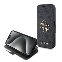 Guess 4G Big Metal Logo Book Wallet Klapphülle für Apple iPhone 15 Pro - Grau