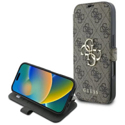 Guess 4G Big Metal Logo Book Wallet Klapphülle für Apple iPhone 16 Pro - Braun
