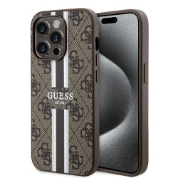 Guess 4G Printed Stripes Hard Case Back Cover Hülle mit MagSafe für Apple iPhone 15 Pro - Braun