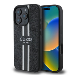 Guess 4G Printed Stripes Hard Case Back Cover Hülle mit MagSafe für Apple iPhone 16 Pro Max - Schwarz