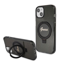 Guess Ring Stand Script Glitter Back Cover Hülle mit MagSafe für Apple iPhone 15 Plus - Schwarz