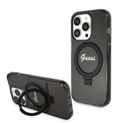 Guess Ring Stand Script Glitter Back Cover Hülle mit MagSafe für Apple iPhone 15 Pro Max - Schwarz