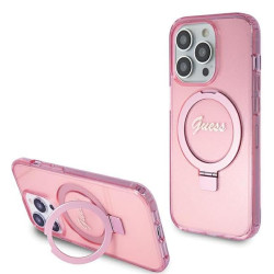 Guess Ring Stand Script Glitter Back Cover Hülle mit MagSafe für Apple iPhone 15 Pro Max - Rosa