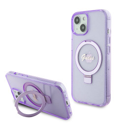 Guess Ring Stand Script Glitter Back Cover Hülle mit MagSafe für Apple iPhone 15 - Lila