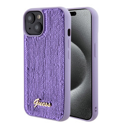 Guess Sequin Script Metal Back Cover Hülle für Apple iPhone 15 - Lila