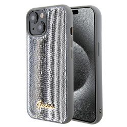 Guess Sequin Script Metal Back Cover Hülle für Apple iPhone 15 - Silber