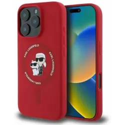 Karl Lagerfeld Silikon Karl & Choupette Heads Ring Back Cover Hülle mit MagSafe für Apple iPhone 16 Pro - Rot