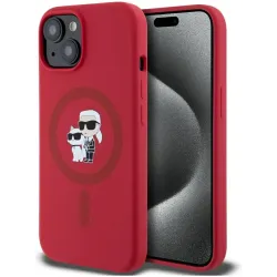 Karl Lagerfeld Silikon Karl & Choupette Heads Ring Back Cover Hülle mit MagSafe für Apple iPhone 15 - Rot
