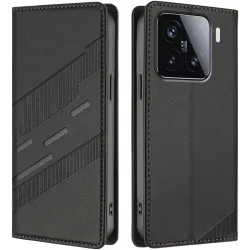 Phonesta Embossed Lines Book Wallet Klapphülle für Xiaomi 15 - Schwarz