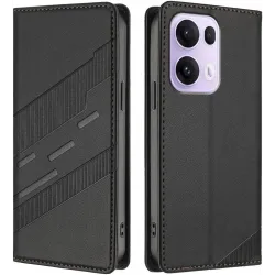 Phonesta Embossed Lines Book Wallet Klapphülle für Oppo Reno13 Pro - Schwarz