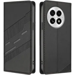 Phonesta Embossed Lines Book Wallet Klapphülle für OnePlus 13 - Schwarz