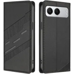 Phonesta Embossed Lines Book Wallet Klapphülle für OnePlus Nord 4 - Schwarz