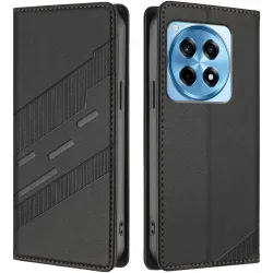 Phonesta Embossed Lines Book Wallet Klapphülle für OnePlus 12R - Schwarz