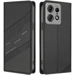Phonesta Embossed Lines Book Wallet Klapphülle für Motorola Edge 50 Pro - Schwarz