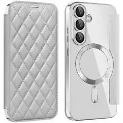 Phonesta Luxury Crystal Puffed Book Wallet Klapphülle mit MagSafe für Samsung Galaxy S25 Plus/S24 Plus - Silber